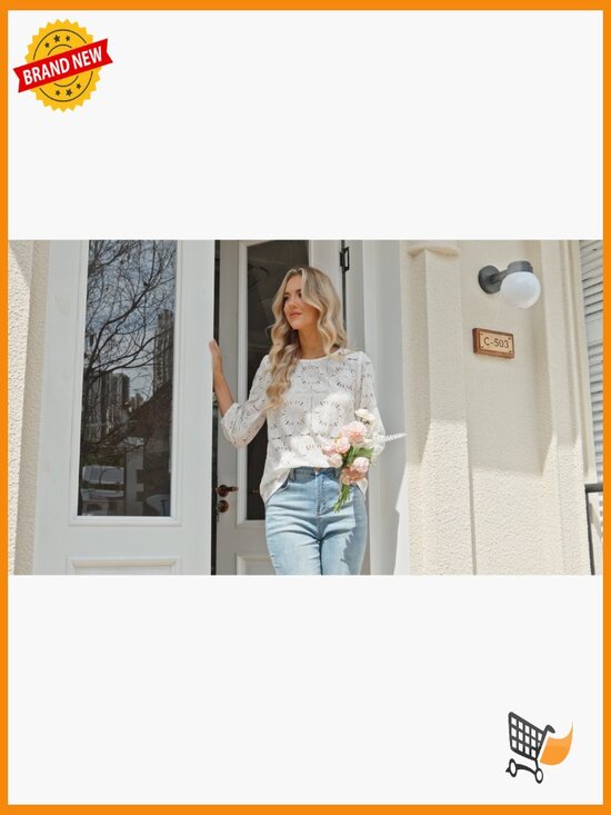 Eyelet Lace 3/4 Sleeve Peasant Top, Lightweight Blouse for Spring Summer - Picture 6 of 7